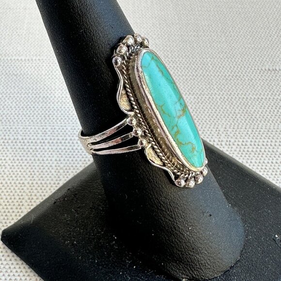 Turquoise Sterling Silver Ring Size 8 Long Oval Southwest Style - Picture 3 of 11